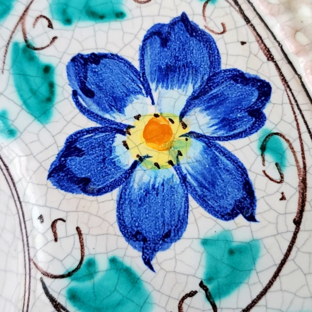 Floral Italian Handpainted Serving Plate Blue and Green Glazed Ceramic